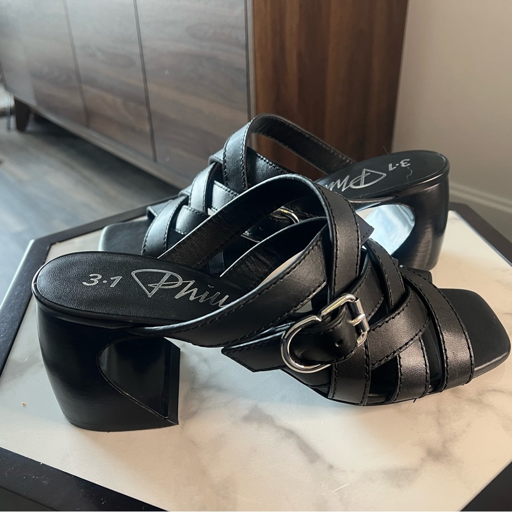 3.1 Phillip Lim ID Crescent Black leather Mules Strappy EU 40, US 9 or 9.5